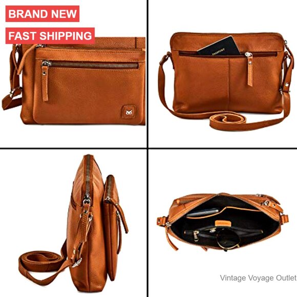 Small Genuine Leather Crossbody Bag Triple Zip Pockets Adjustable Strap - Picture 6 of 6